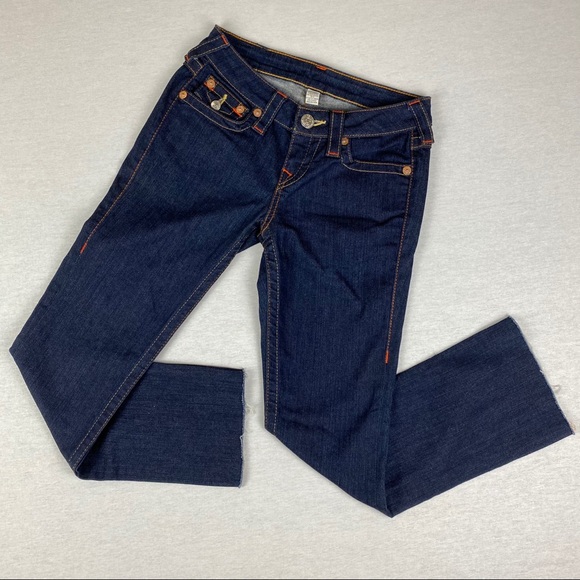 True Religion Becky Raw Edge Hem Dark Wash Flap Pocket TR Logo Bootcut Jeans - Picture 2 of 13